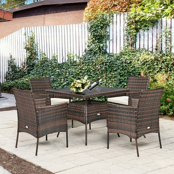 Costway 5PCS Patio Rattan Dining Furniture Set Armrest Sofa Chair Glass Table