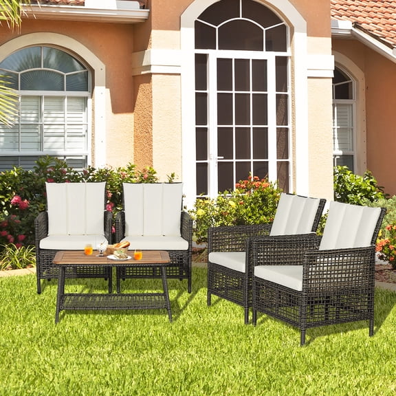 Costway 5PCS Patio Rattan Furniture Set Cushioned Sofa Armrest Wooden Tabletop