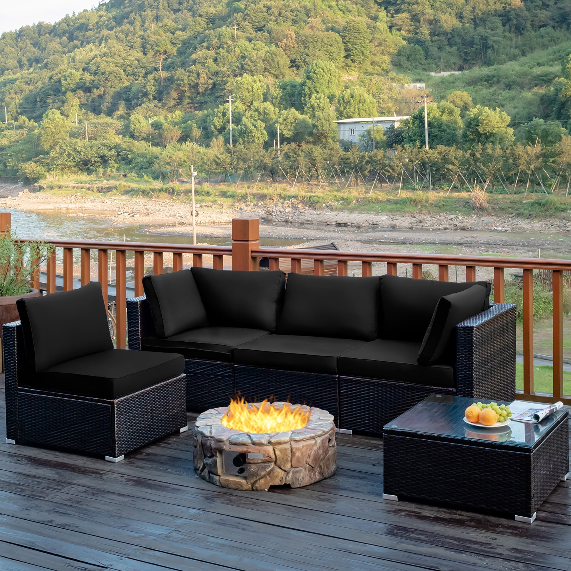 Costway 4PCS Patio Rattan Furniture Set Conversation Glass Table Top Sofa Cushioned Black Walmart