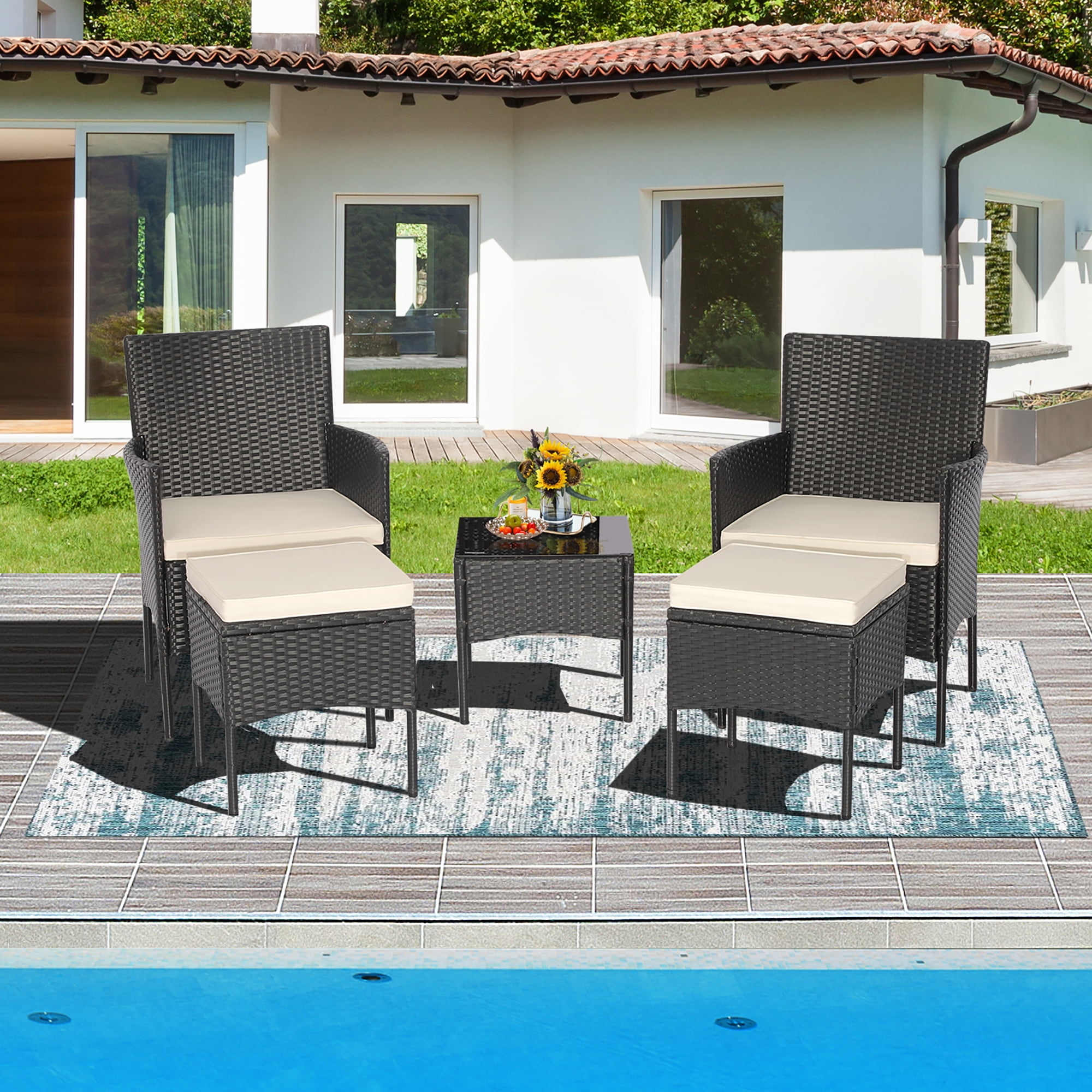 Costway 5PCS Patio Rattan Furniture Set Cushioned Sofa Ottoman Armrest
