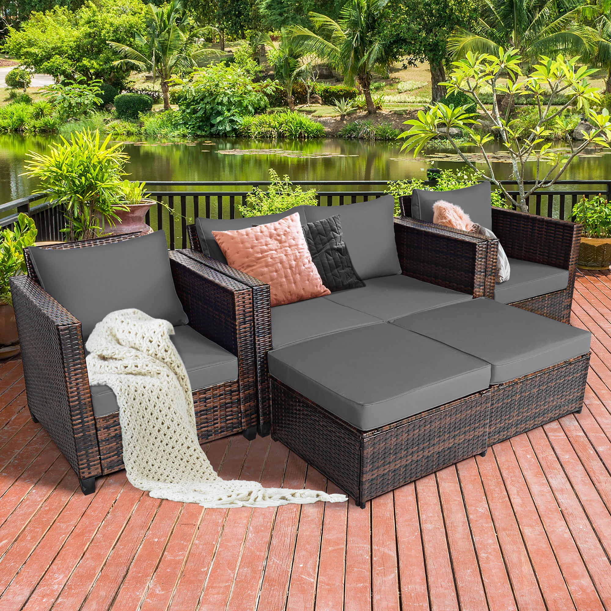 Costway 5PCS Patio Rattan Furniture Set Loveseat Sofa Ottoman Cushioned Gray