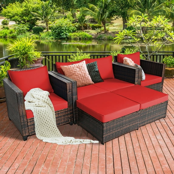 Costway 5PCS Patio Rattan Furniture Set Loveseat Sofa Ottoman Cushioned Red