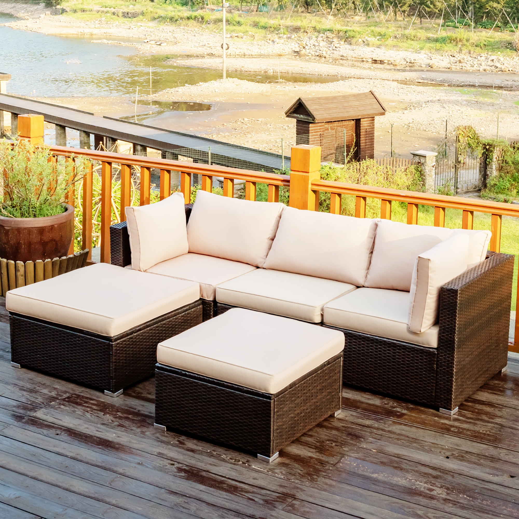 Costway 5PCS Living Room Patio Rattan Furniture Set with Ottoman Table