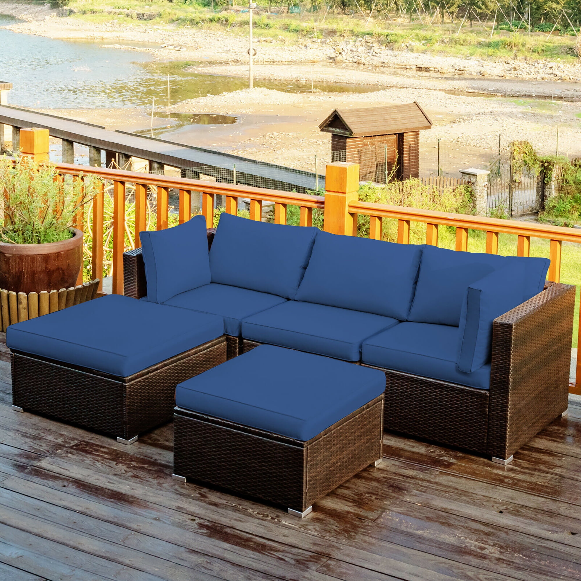 Costway 5PCS Patio Rattan Furniture Set Sectional Conversation Set Ottoman Table Navy
