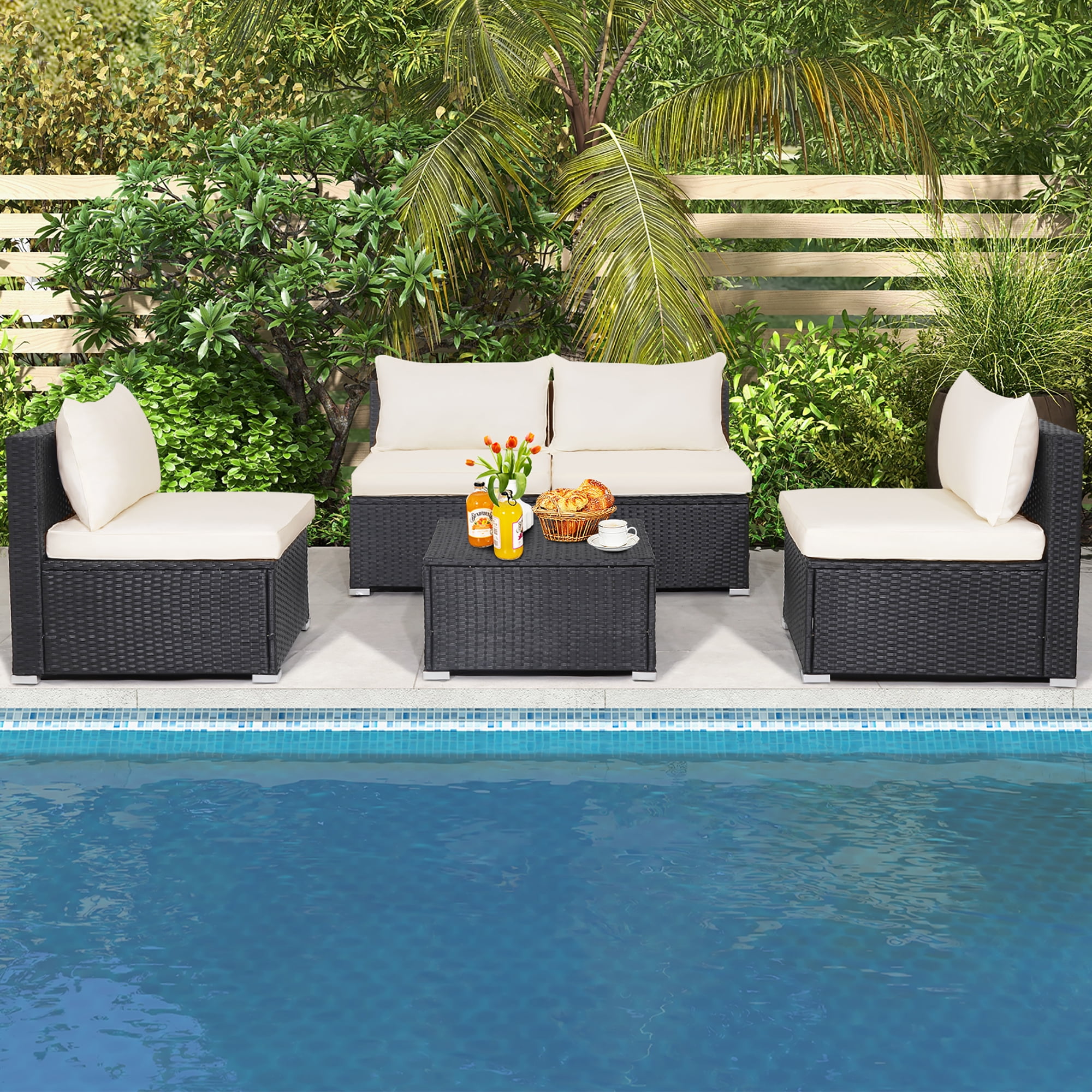 Costway 5PCS Patio Rattan Wicker Furniture Conversation Set Cushioned