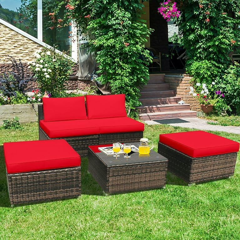 Costway Outdoor Patio Rattan Daybed Thick Pillows Cushioned Sofa Furniture  Red