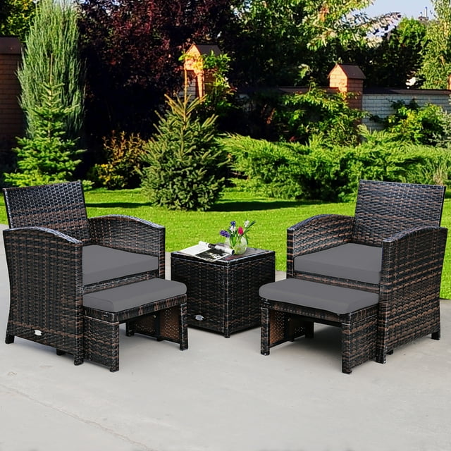Costway 5PCS Patio Rattan Wicker Furniture Set Sofa Ottoman Cushion 
