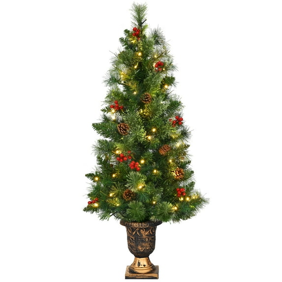 Costway 5ft Pre-Lit Christmas Entrance Tree In Urn w/100 LED Light Red Berries Pine Cone