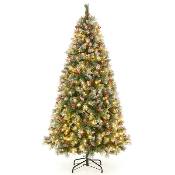 Costway 6.5 FT Artificial Christmas Tree Hinged w/ 420 Warm LED Lights & 207 Red Berries