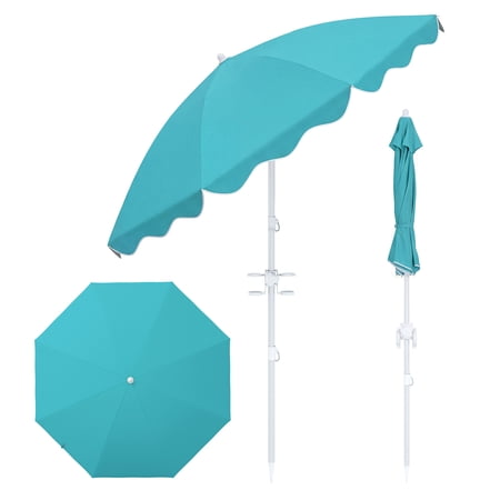 Costway 6.5 FT Beach Umbrella with Tilt & Sand Anchor, UPF 50+ Sun Protection, Cup Holders Turquoise Stripe
