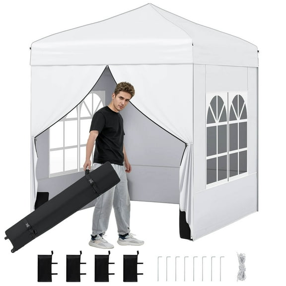 Costway 6.5 x 6.5 FT Pop up Canopy Tent with 4 Sidewalls, Wheeled Bag, 4 Sandbags, 8 Stakes White