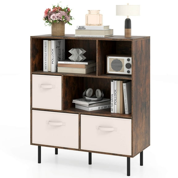Costway 6-Cube Bookcase with 3 Removable Folding Fabric Drawers 2 Anti-tip Devices for Home Rustic Brown