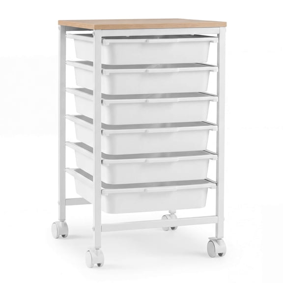 Costway 6-Drawer Arts Rolling Storage Cart with Wooden Tabletop & Lockable Wheels for Office Natural + White