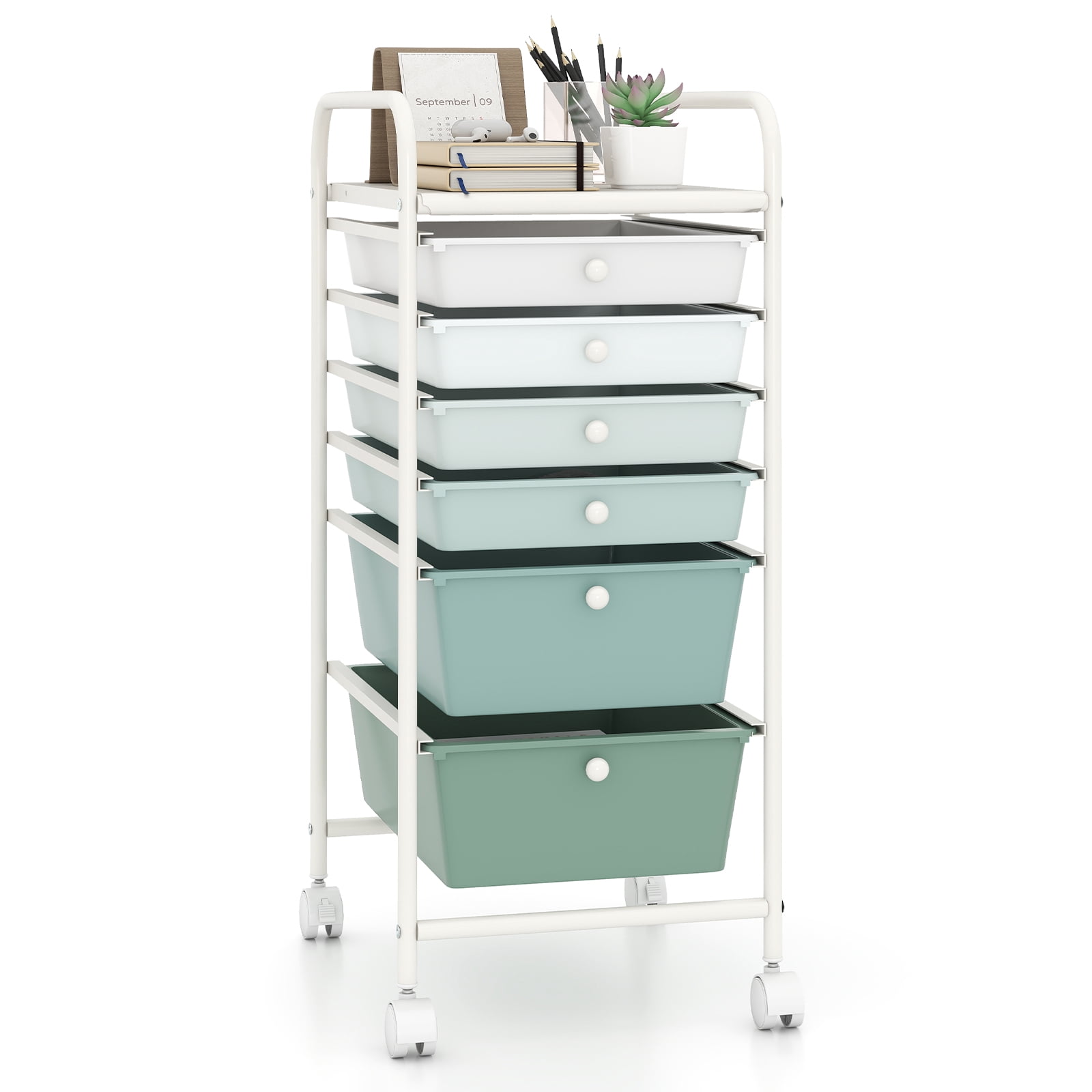 Costway 6-Drawer Rolling Art & Craft Storage Cart with Removable Drawers & Metal Frame, Lockable Wheels Gradient Green