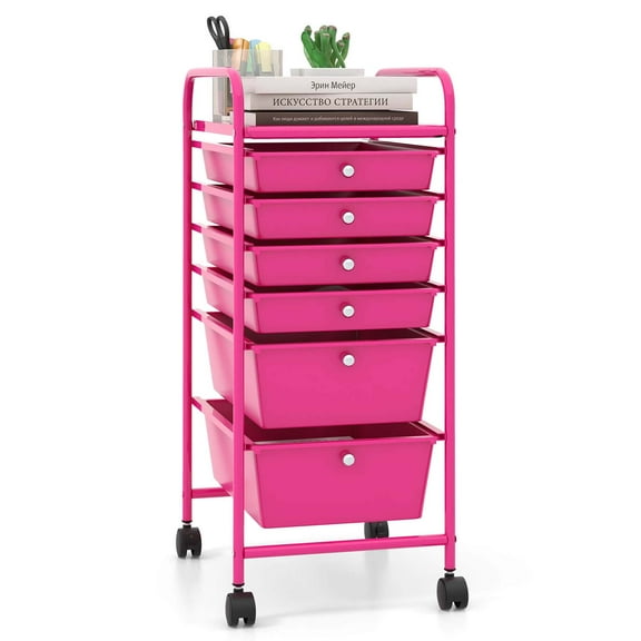 Costway 6 Drawer Rolling Storage Cart Scrapbook Paper Office Organizer Hot Pink