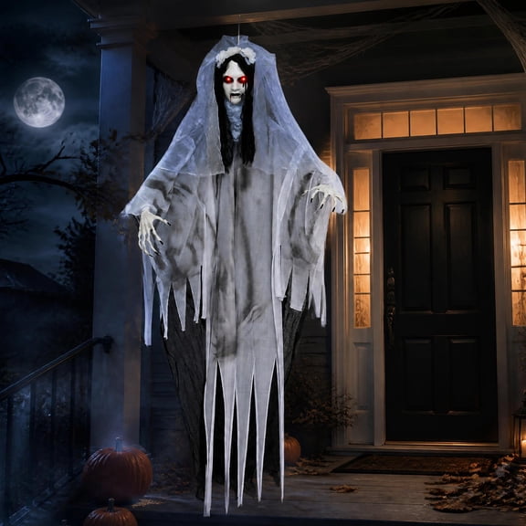 Costway 6 FT Animated Ghost Bride Halloween Decoration with Creep Sound & Lighted Eyes Black + White