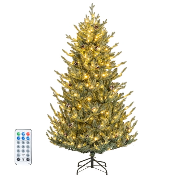 Costway 6 FT Artificial Christmas Tree with 714 Branch Tips, 300 LED Lights, 32 Pine Cones