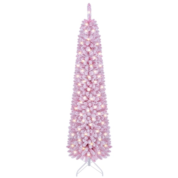 Costway 6 FT Artificial Fir Xmas Tree with 392 Full Branch Tips, 140 Warm White LED Lights Light Pink
