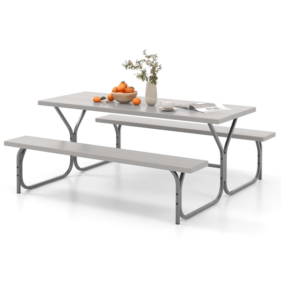 Costway 6 FT Picnic Table Bench Set Outdoor Dining Table & 2 Benches with Metal Frame Grey