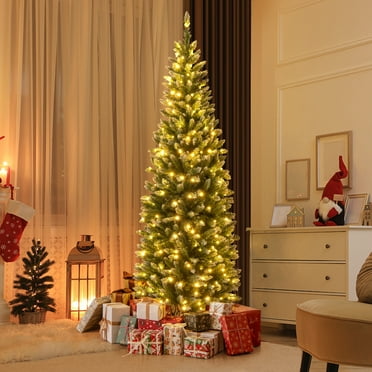 Costway 6 FT Pre-Lit Christmas Tree Hinged Slim Pencil Xmas with 250 LED Lights & 618 Tips