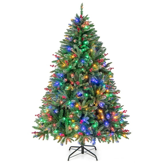Costway 6 FT Pre-Lit Christmas Tree Hinged w/ 300 Multi-Color LED Lights & Red Berries