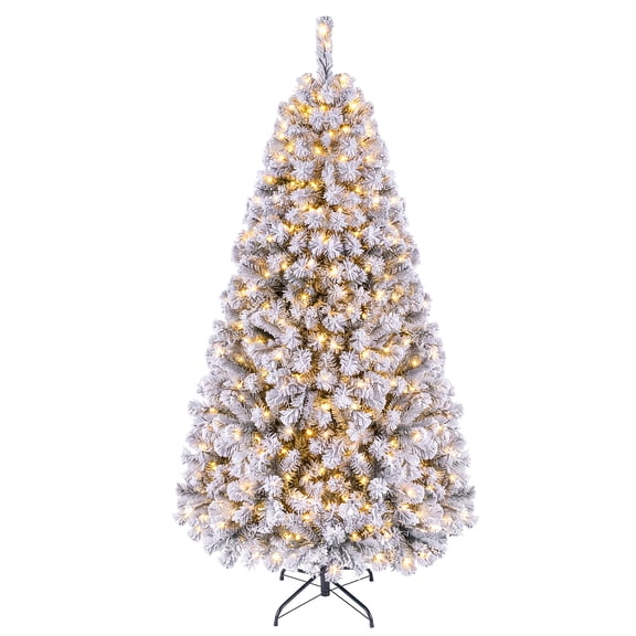 Costway 6 FT Pre-Lit Flocked Cedar Christmas Tree Hinged White