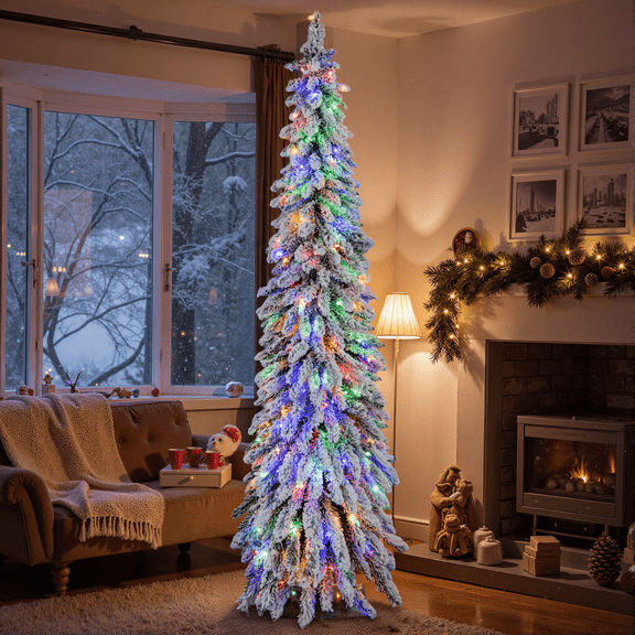 Costway 6 FT Pre-Lit Slim Christmas Tree Flocked Xmas Decoration 11 Modes 250 LED Lights