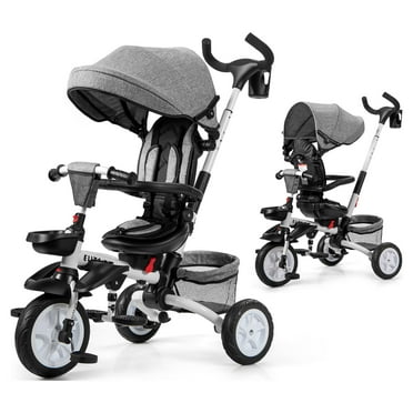 Costway 6-In-1 Kids Baby Stroller Tricycle Detachable Learning Toy Bike w/ Canopy Gray