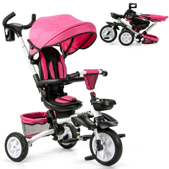 Costway 6-In-1 Kids Baby Stroller Tricycle Detachable Learning Toy Bike w/ Canopy Pink