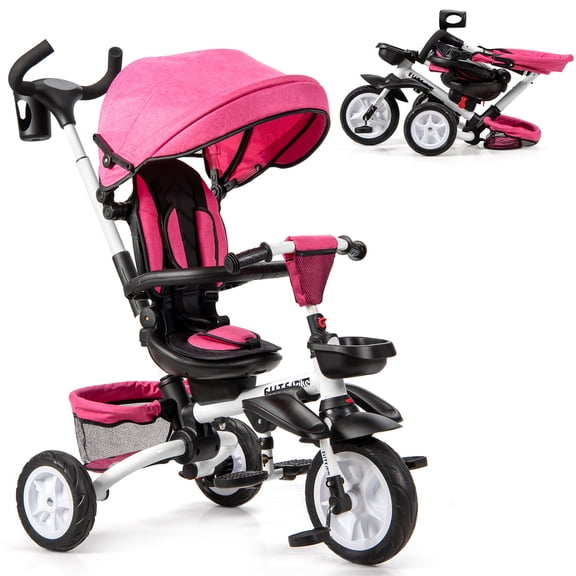 Costway 6-In-1 Kids Baby Stroller Tricycle Detachable Learning Toy Bike w/ Canopy Pink