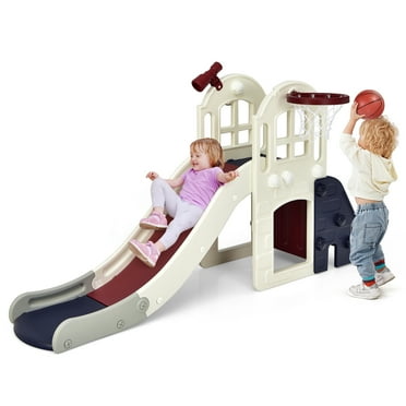 Costway 6-In-1 Large Slide for Kids Toddler Climber Slide Playset w/ Basketball Hoop Blue