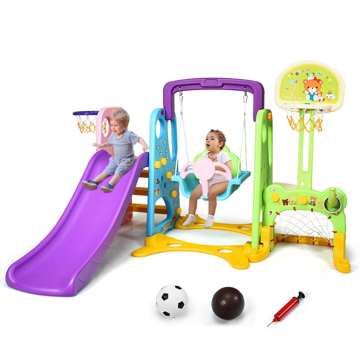 Costway 6 In 1 Toddler Climber and Swing Set w/ Basketball Hoop & Football Gate Backyard - image 1 of 10