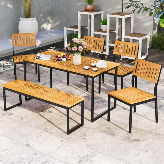 Costway 6 PCS Outdoor Acacia Wood Dining Set with Bench and 2" Umbrella Hole Outdoor Patio