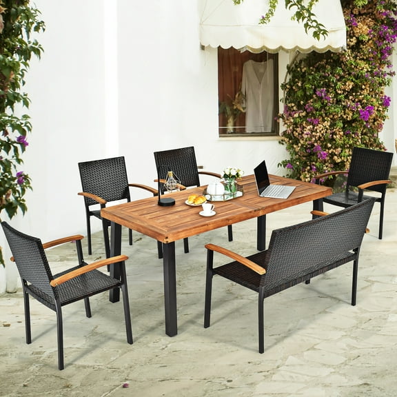 Costway 6 PCS Patio Rattan Dining Set Acacia Wood Chairs Bench Armrest Garden