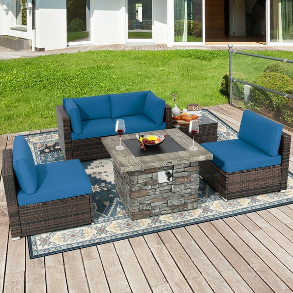 Costway 6 PCS Patio Wicker Furniture Set 34.5'' Fire Pit Table W/Cover Navy Blue