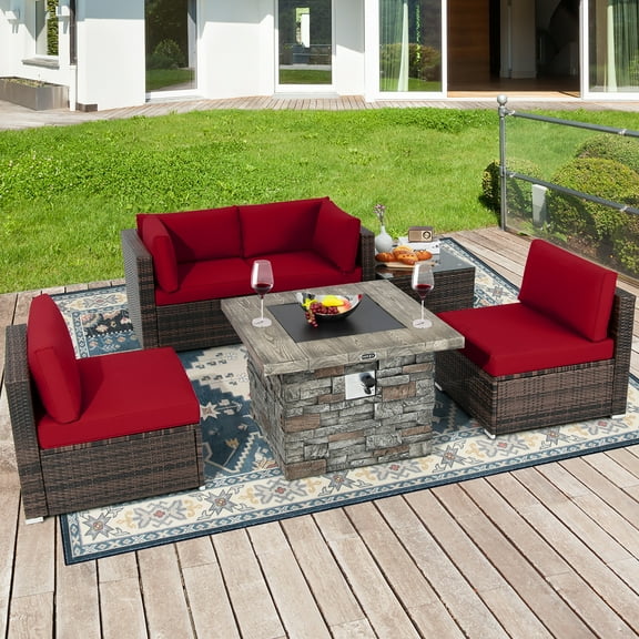 Costway 6 PCS Patio Wicker Furniture Set 34.5'' Fire Pit Table W/Cover Red