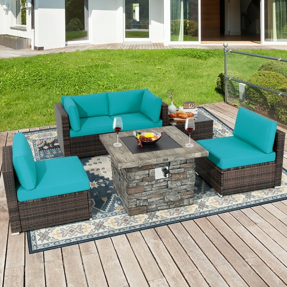 Costway 6 PCS Patio Wicker Furniture Set 34.5'' Fire Pit Table W/Cover Turquoise