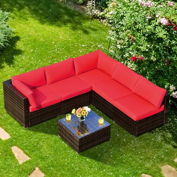 Costway 6 Piece Rattan Outdoor Patio Bar Set, Mix Brown/Red