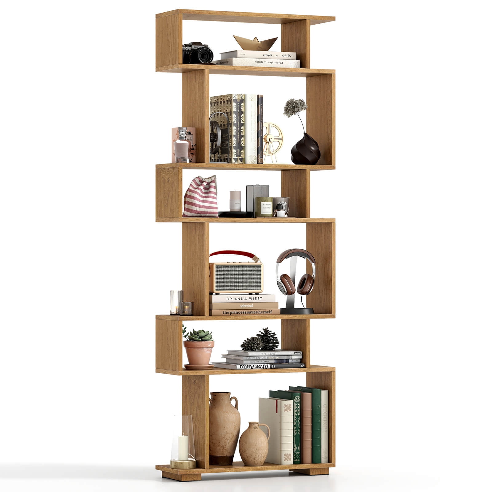 Costway 6-Tier Bookshelf with 2 Anti-Tipping Kits, Wooden Display Shelf for Home Office Natural