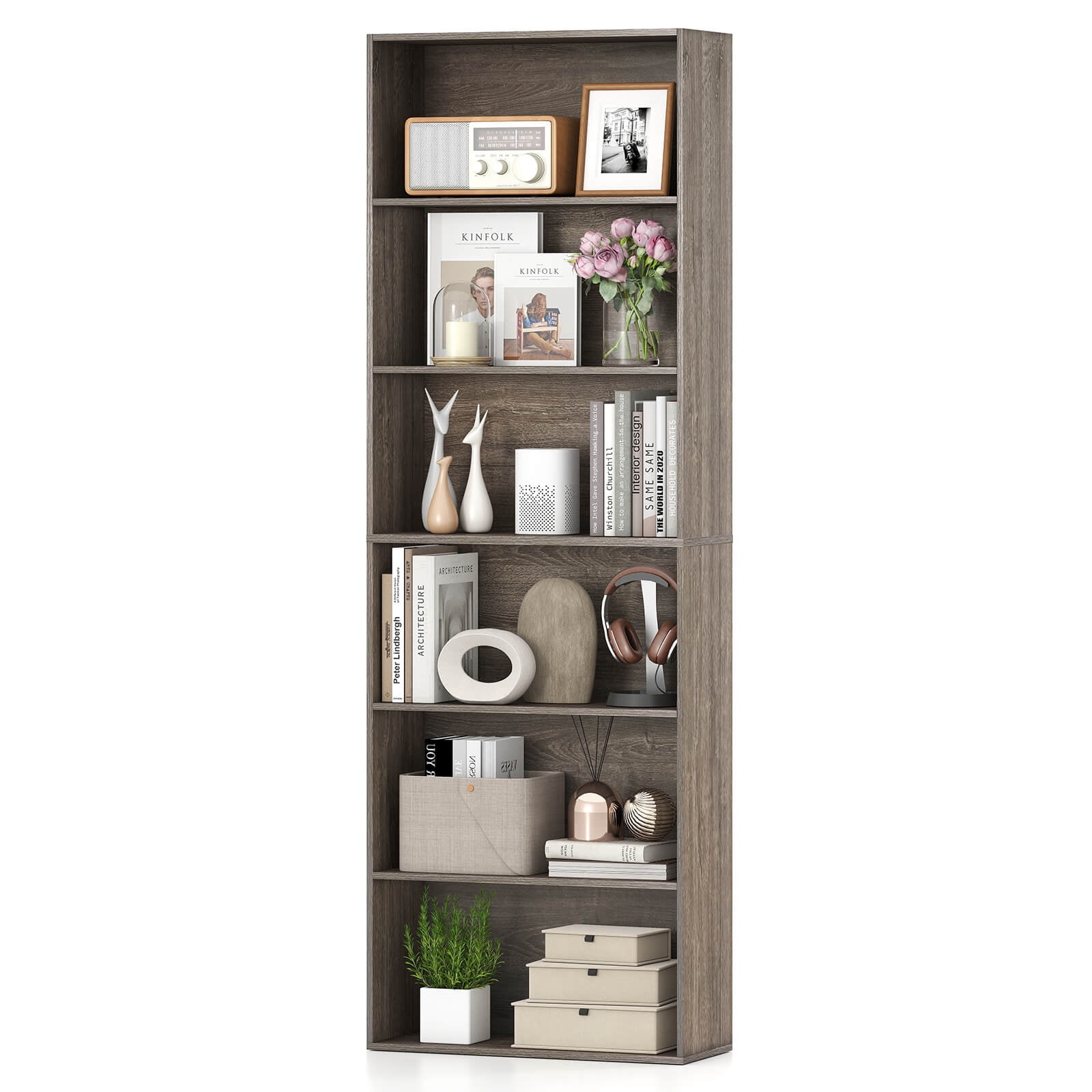 Costway 6-Tier Bookshelf with Open Shelves, Anti-Tipping Kits for Living Room Bedroom Study Gray
