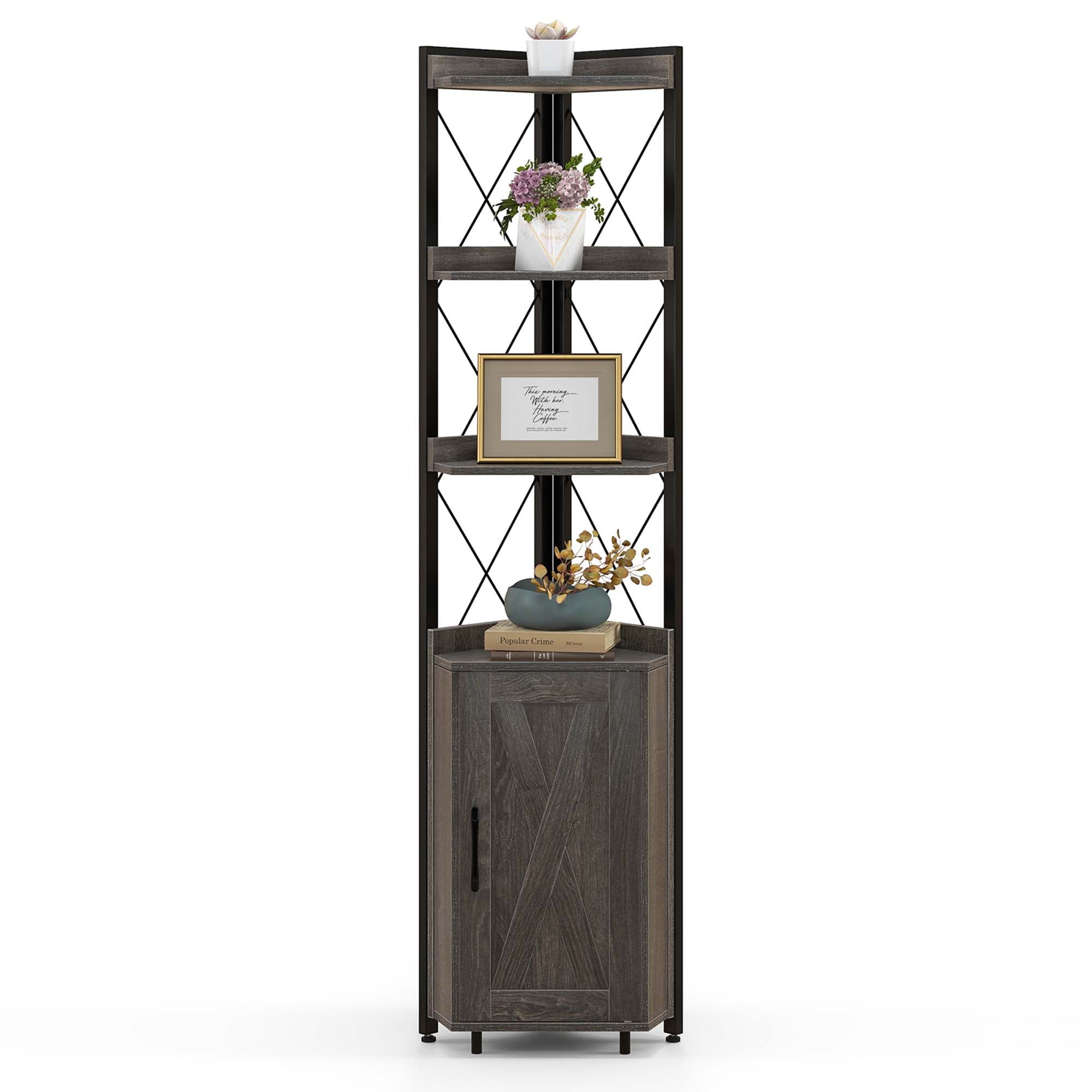 Tall Corner Storage Cabinet with 3-Tier Shelf and Enclosed Cabinet - Costway