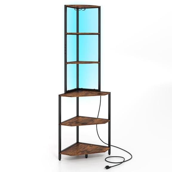 Costway 6-Tier Corner Shelf with Charging Station Ambience Light Stemware Rack for Kitchen Rustic Brown
