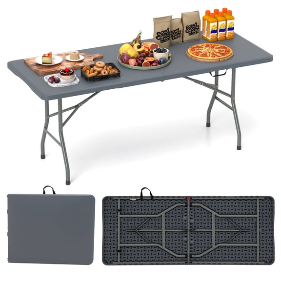 Costway 6 ft Portable Folding Table with HDPE Tabletop Safe Lock Mechanism Carrying Handle Gray