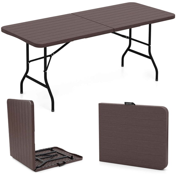 Costway 6 ft Portable Folding Table with Wood Grain HDPE Tabletop Safe Lock Mechanism Brown