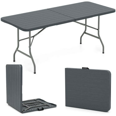 Costway 6 ft Portable Folding Table with Wood Grain HDPE Tabletop Safe Lock Mechanism Gray