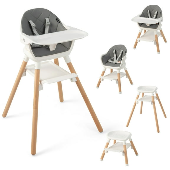 Costway 6-in-1 Convertible Wooden Baby Highchair Infant Feeding Chair with Removable Tray PP White