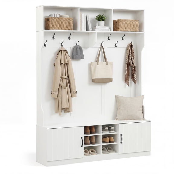Costway 6-in-1 Hall Tree wirh Bench Storage Adjustable Shelves Hanging Hooks Shoe Cubbies White