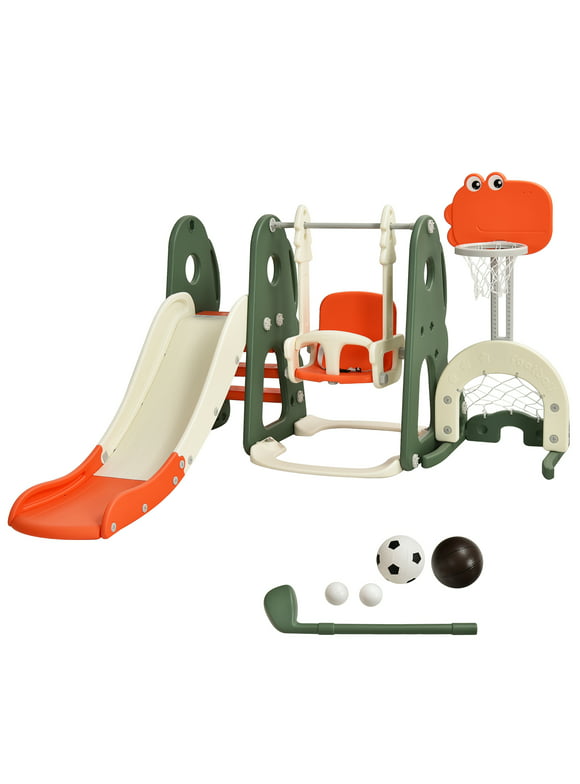 Costway 6 in 1 Toddler Slide and Swing Set Climber Playset w/ Ball Games Orange