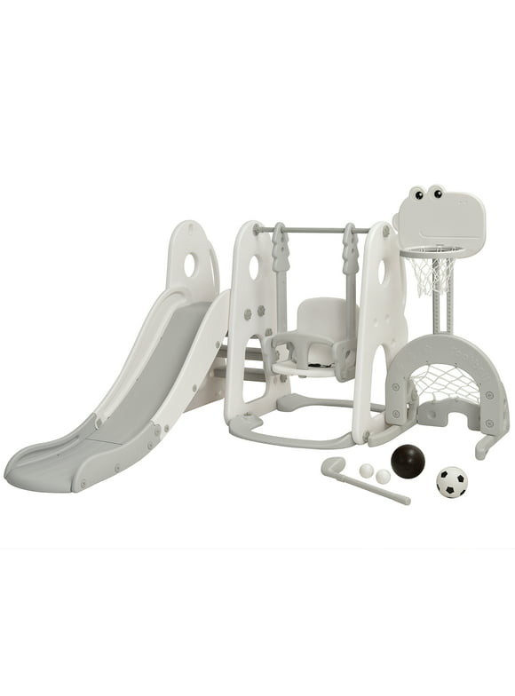 Costway 6 in 1 Toddler Slide and Swing Set Climber Playset w/ Ball Games White
