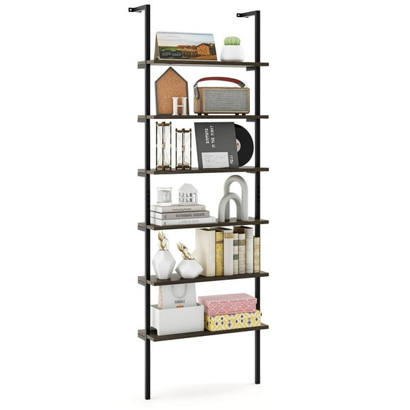 Costway 6-tier Ladder Shelf 72 Inches Industrial Wall Mounted Bookshelf Oak